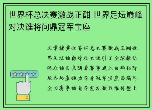 世界杯总决赛激战正酣 世界足坛巅峰对决谁将问鼎冠军宝座